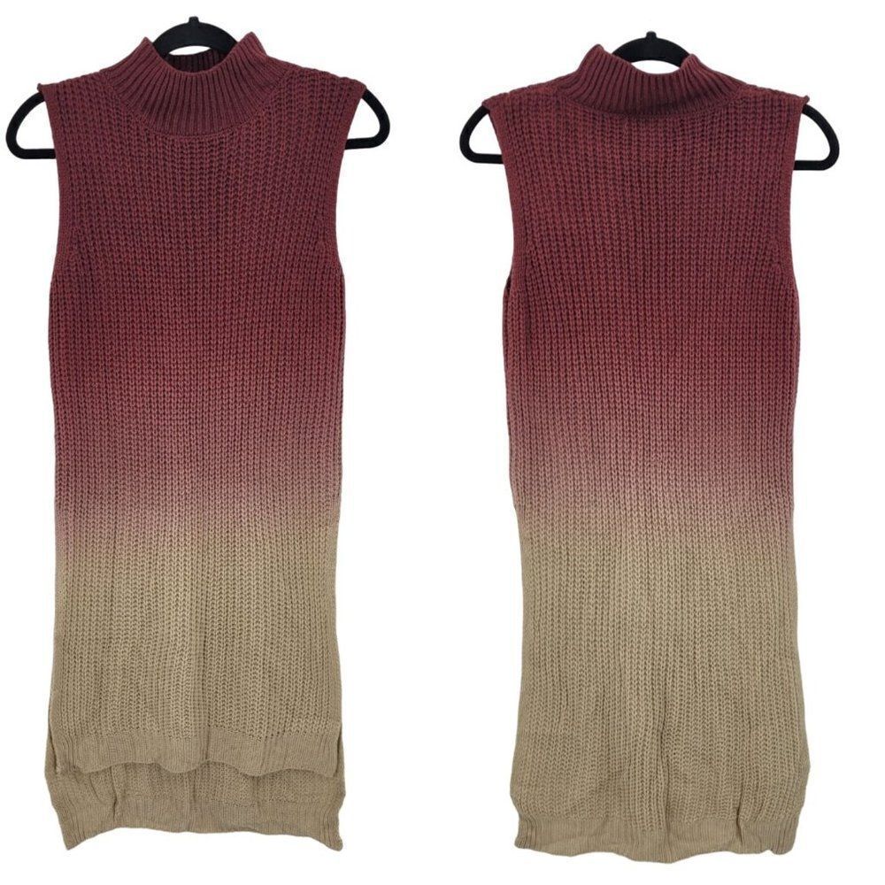 Vintage Sleeveless High Low Turtleneck Sweater‎ Dress S Ombre Maroon Cream Knit